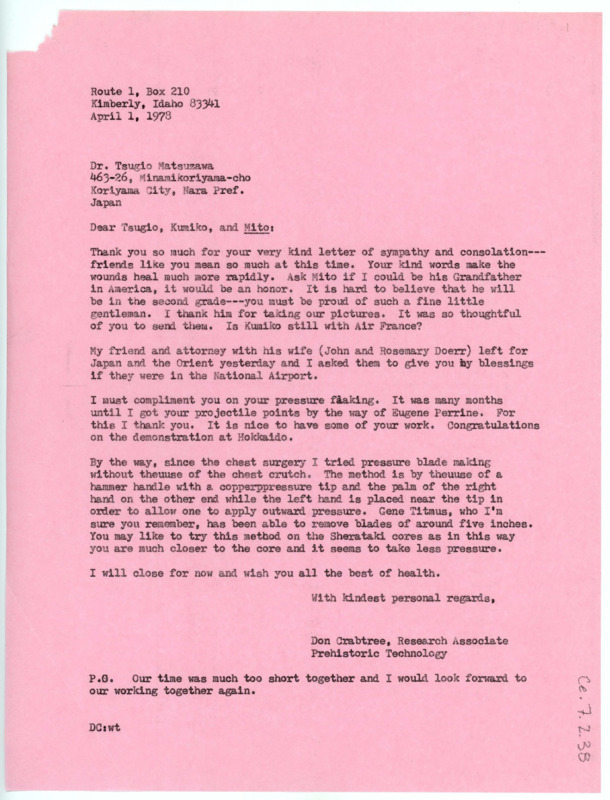 Letter from Don Crabtree to Tsugio, Kumiko, and Mito Matsuzawa thanking them for their consolation letters. He asks about Kumiko's and Mito's recent accomplishments, and congratulates Tsugio on successfully using the chest pressure technique.