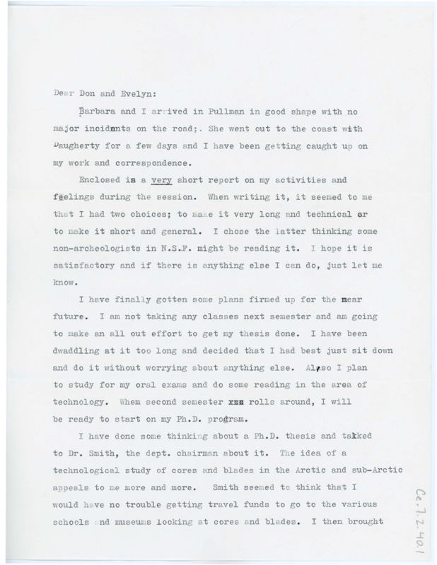 Letter from Jeffrey Mauger to Don and Evelyn Crabtree regarding his recent work in Pullman. He asks if he may visit them in September with his wife. Attached is an overview of his recent work with Don Crabtree. Envelope included.