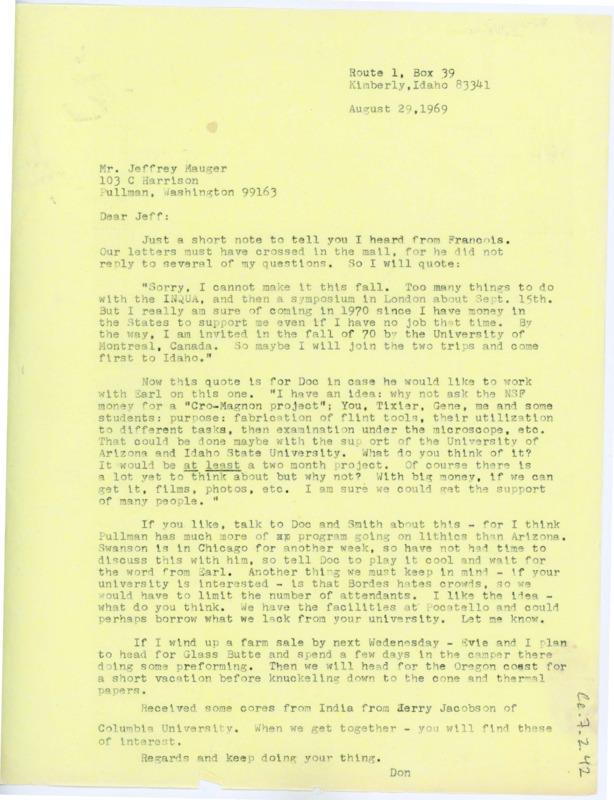 Letter from Don Crabtree to Jeffrey Mauger forwarding a reply from Francois Bordes on visiting America, as well as a proposition from Crabtree regarding a potential Cro-Magnon project in the works.