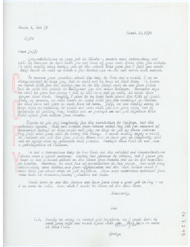 Letter from Don Crabtree to Jeffrey Mauger congratulating him on his new job in Alaska and regretfully declining his invitations to visit due to scheduling conflict. Evelyn Crabtree repeats the sentiment.