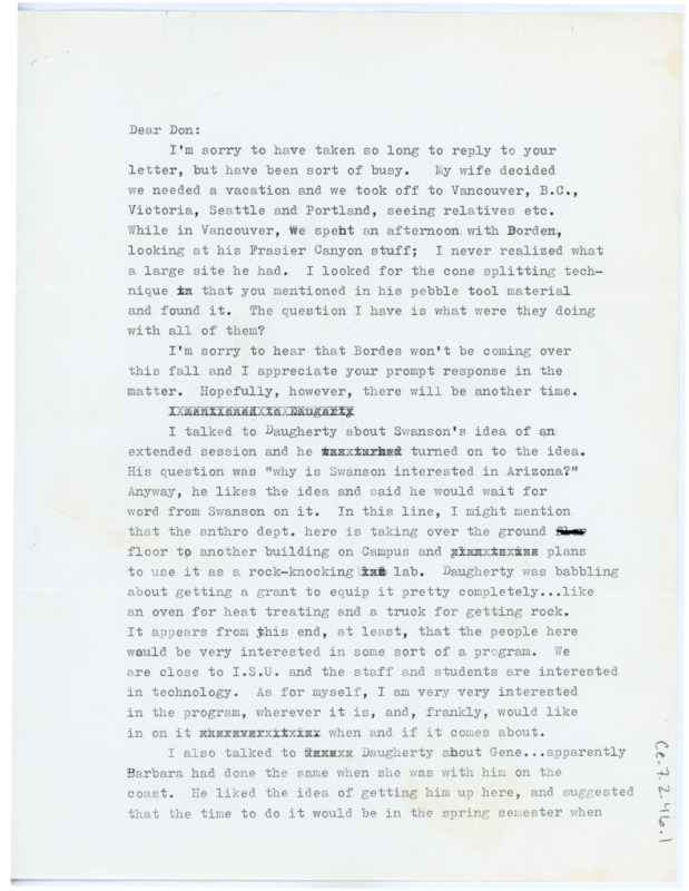 Letter from Jeffrey Mauger to Don Crabtree regarding recent happenings, their plans for a grant-sponsored project on lithic technology, and official sourcing of obsidian.