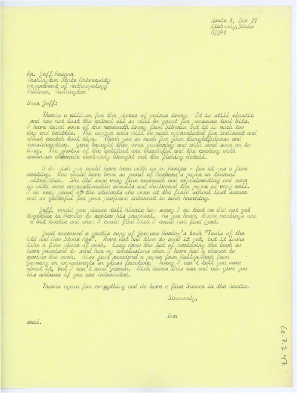 Letter from Don Crabtree to Jeffrey Mauger thanking him for the walrus ivory he sent. Crabtree also describes his trip to Mexico and talks about Jacques Bordaz's new book.