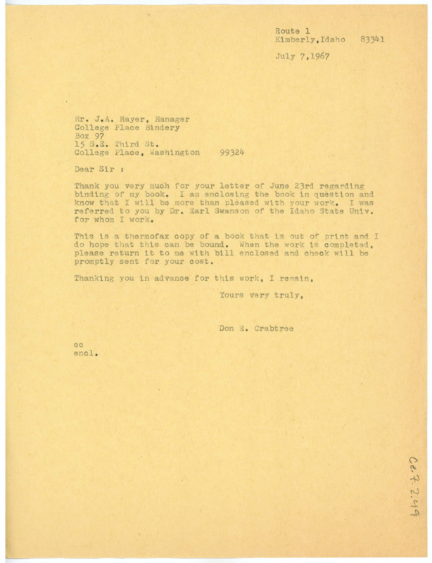 Letter from Don Crabtree to J.A. Mayer regarding binding one of his books.