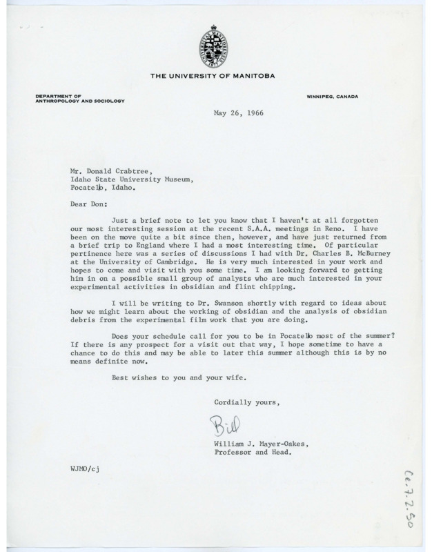 Letter from William J. "Bill" Mayer-Oakes to Don Crabtree regarding his recent travels and those he met along the way who would like to visit Crabtree themselves.