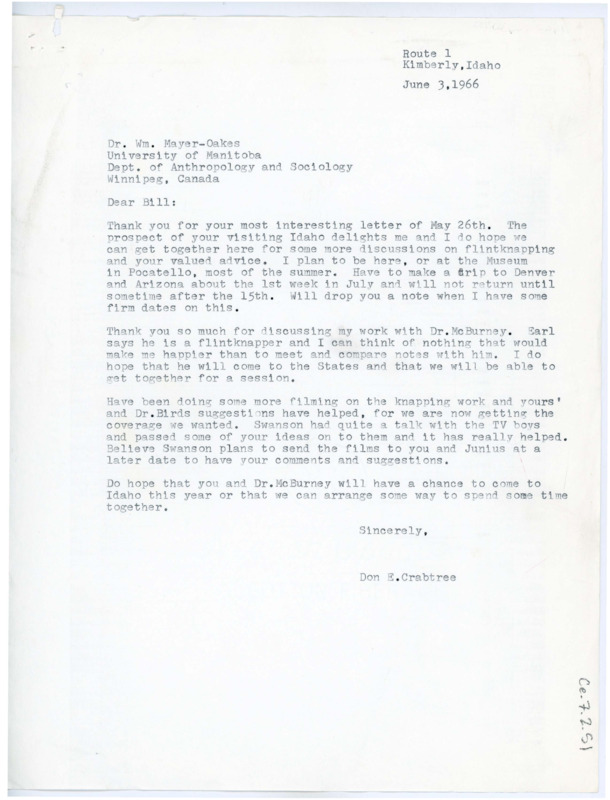 Letter from Don Crabtree to William J. "Bill" Mayer-Oakes regarding plans for meeting and updating him on his filming progress.