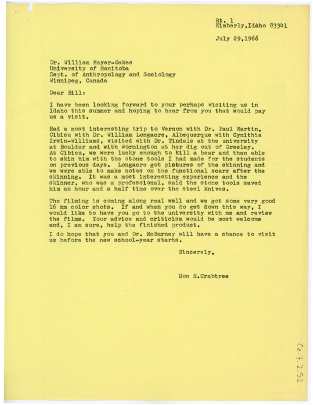 Letter from Don Crabtree to William J. "Bill" Mayer-Oakes regarding his recent travels (in which he was able to use his own stone tools on a bear) and his filming work.