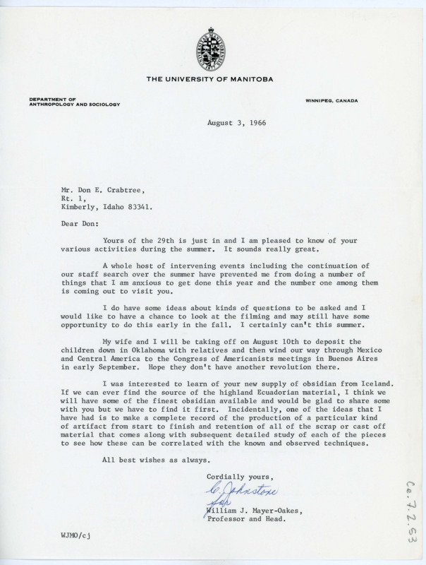 Letter from William J. "Bill" Mayer-Oakes to Don Crabtree regarding finding the time to visit Crabtree and his interest in Crabtree's recent new obsidian source.