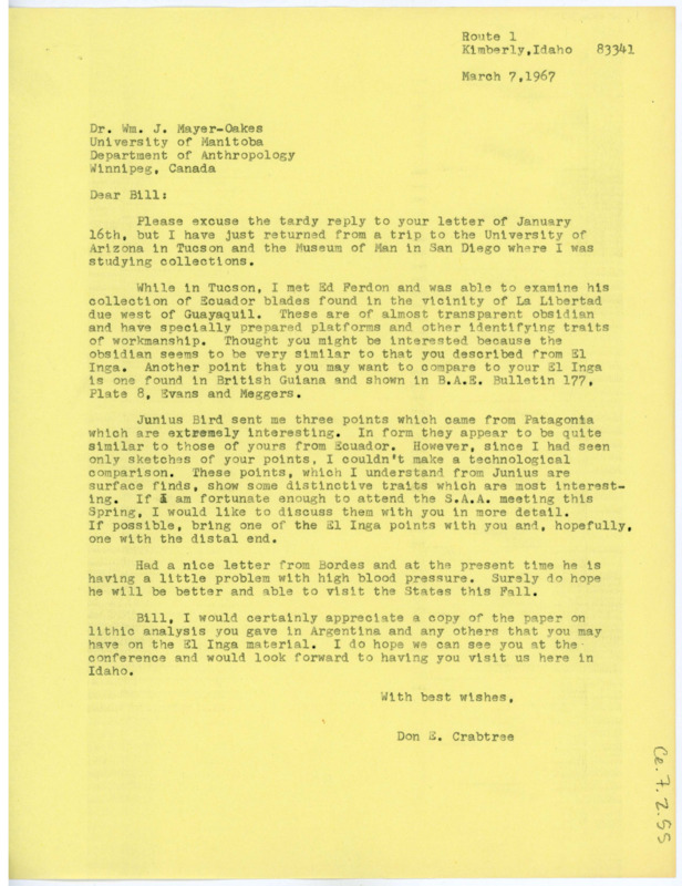 Letter from Don Crabtree to William J. "Bill" Mayer-Oakes regarding his recent trip to Tucson, Arizona and interesting observations he made during his travels.