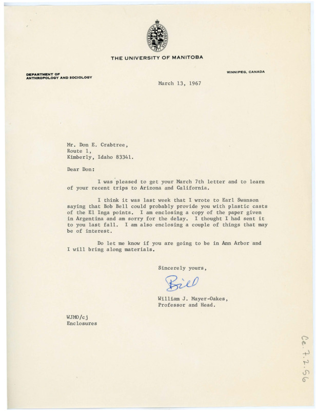 Letter from William J. "Bill" Mayer-Oakes to Don Crabtree regarding comparing obsidian points and a paper on lithic analysis.