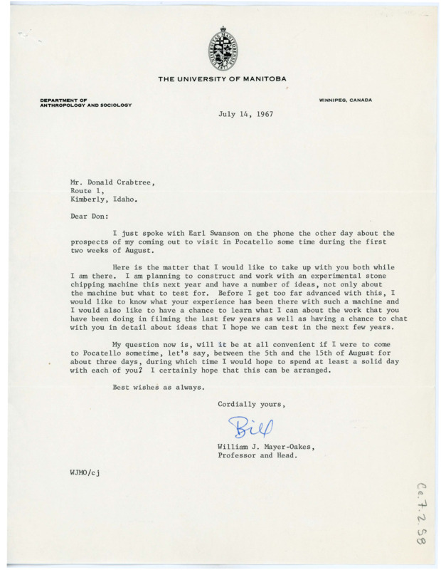 Letter from William J. "Bill" Mayer-Oakes to Don Crabtree regarding visiting Pocatello and debating building a stone-chipping machine.