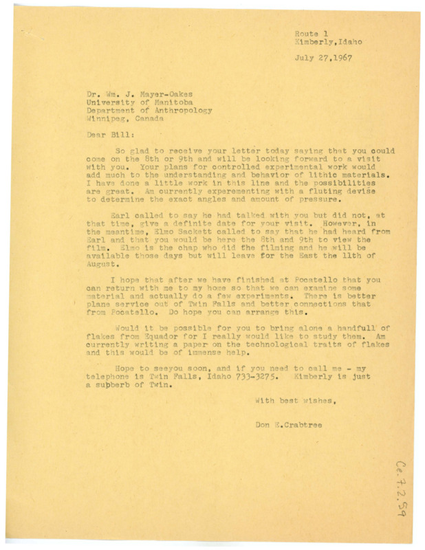 Letter from Don Crabtree to William J. "Bill" Mayer-Oakes regarding the latter coming to visit him in Pocatello.