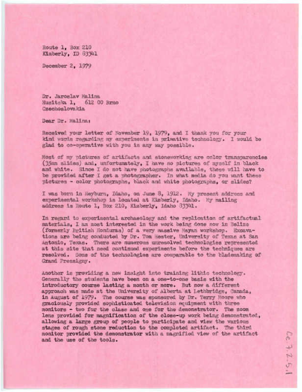 Letter from Don Crabtree to Jaroslav Malina regarding information and photographs Malina would like to include in his book that mentions Crabtree.