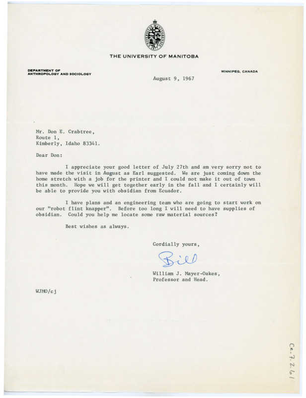 Letter from William J. "Bill" Mayer-Oakes to Don Crabtree apologizing for not being able to visit, and asking for places to source obsidian.