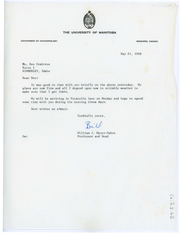 Letter from William J. "Bill" Mayer-Oakes to Don Crabtree regarding their recent phone call and his plans to travel to Pocatello.