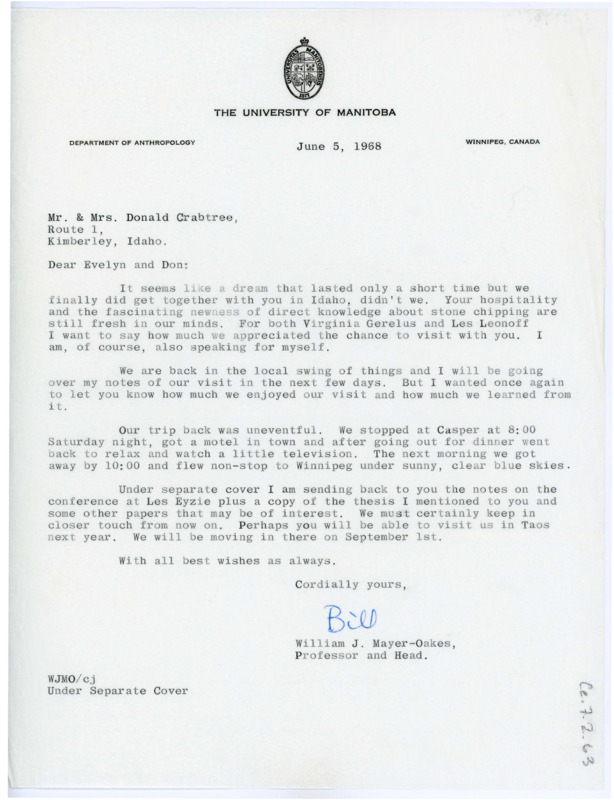 Letter from William J. "Bill" Mayer-Oakes to Don and Evelyn Crabtree thanking them for their hospitality during his visit to Pocatello.