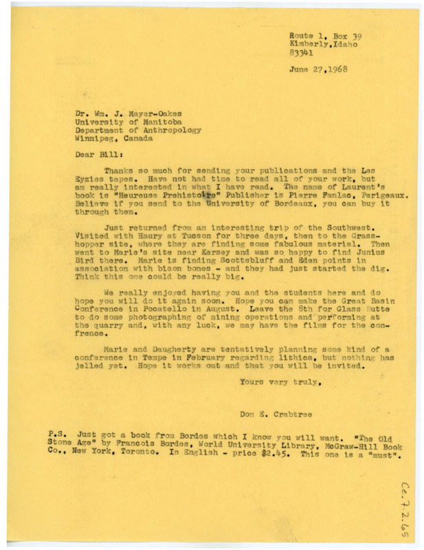 Letter from Don Crabtree to William J. "Bill" Mayer-Oakes thanking him for sending him his publications and Les Eyzies tapes.