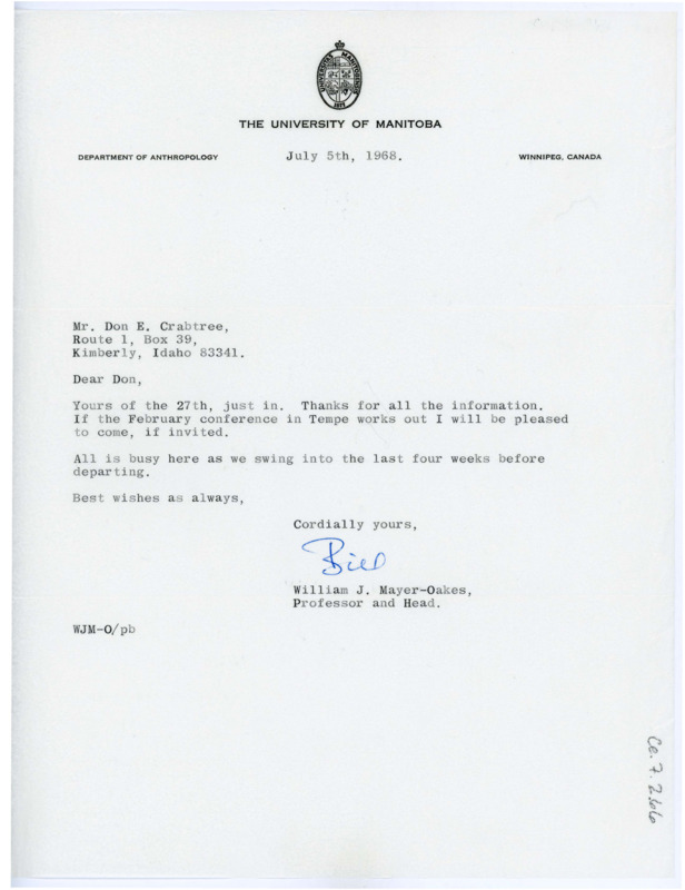 Letter from William J. "Bill" Mayer-Oakes to Don Crabtree thanking him for his most recent letter and hoping to see him at the conference in Tempe, Arizona.