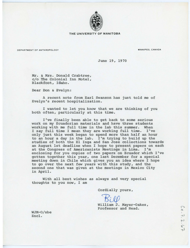 Letter from William J. "Bill" Mayer-Oakes to Don and Evelyn Crabtree regarding Evelyn's recent hospitalization and recent happenings.