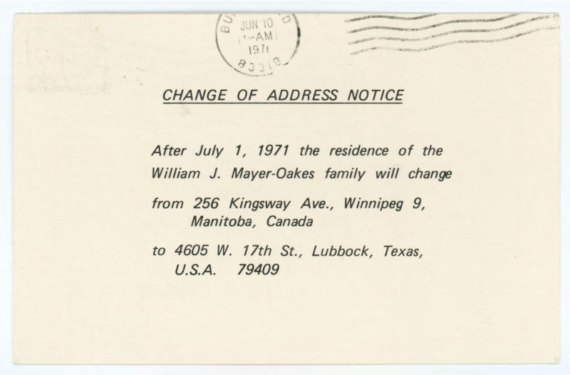 Change of address notice from William J. "Bill" Mayer-Oakes to Don Crabtree.