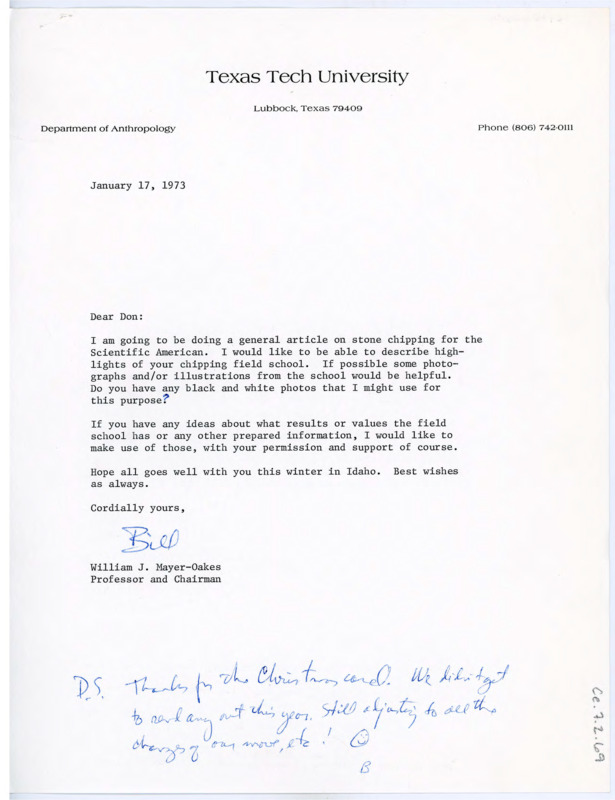 Letter from William J. "Bill" Mayer-Oakes to Don Crabtree regarding an article on flintknapping he'd like to include Crabtree's field school experiences in. In a postscript, he thanks him for the Christmas card.