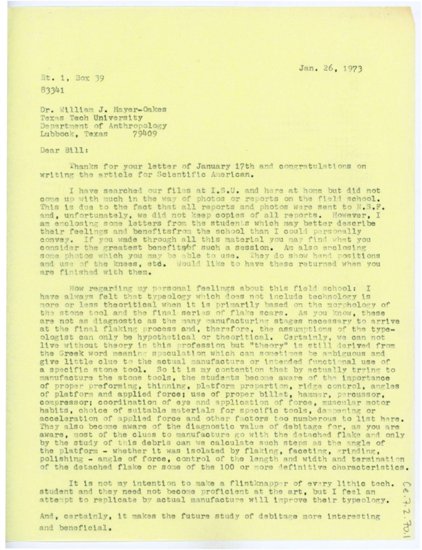 Letter from Don Crabtree to William J. "Bill" Mayer-Oakes congratulating him for his article published in the Scientific American and regarding his thoughts on his field school.