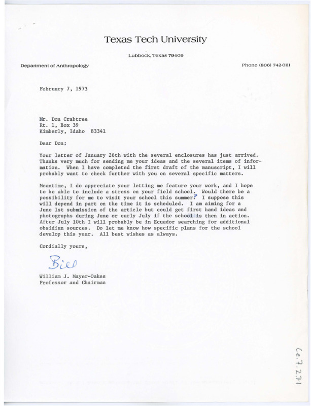 Letter from William J. "Bill" Mayer-Oakes to Don Crabtree thanking him for letting him feature his field school work, and asking if he may observe the next one.