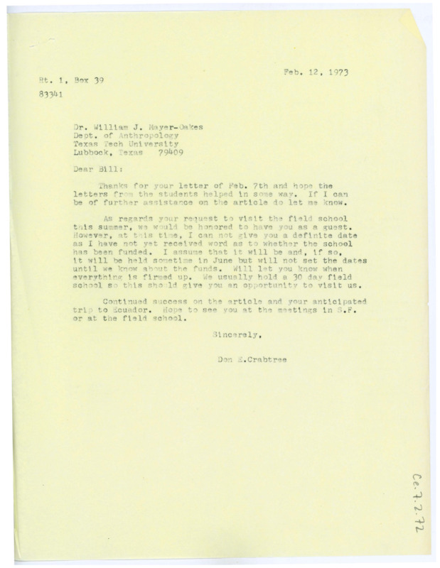 Letter from Don Crabtree to William J. "Bill" Mayer-Oakes regarding the latter joining this year's field school.