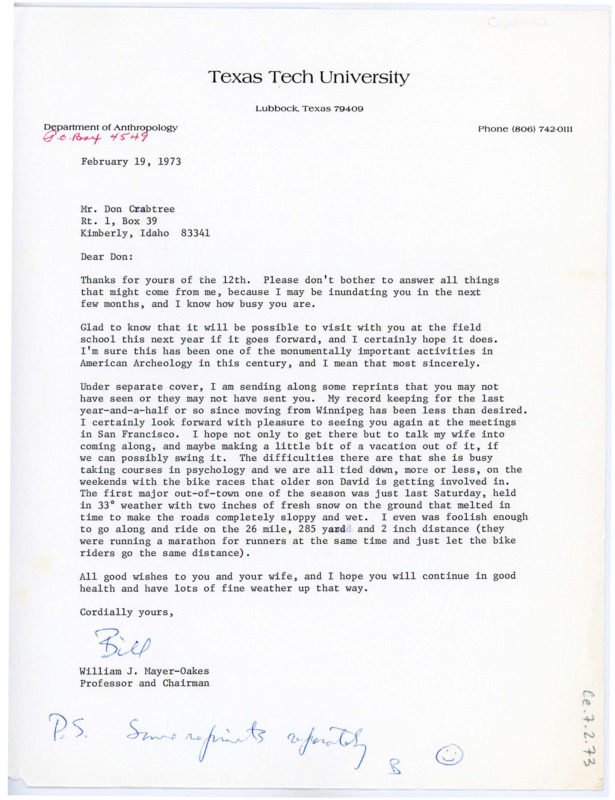 Letter from William J. "Bill" Mayer-Oakes to Don Crabtree regarding visiting him at this year's field school. He also includes some reprints Crabtree may find interesting.