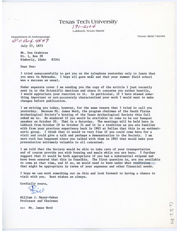 Letter from William J. "Bill" Mayer-Oakes to Don Crabtree regarding an invitation to the Texas Archaeological Society.