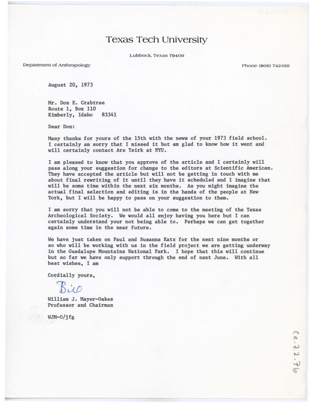 Letter from William J. "Bill" Mayer-Oakes to Don Crabtree regarding editing his proposed Scientific American article. He hopes to meet with Crabtree soon.