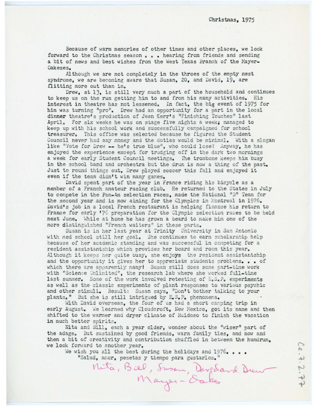 Letter from William J. "Bill" Mayer-Oakes to Don Crabtree wishing him and his family a Merry Christmas and catching him up on recent personal happenings.