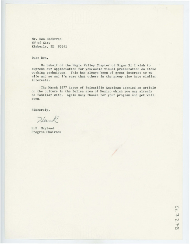 Letter from H.F. Mayland representing the Magic Valley Chapter of Sigma Xi to Don Crabtree thanking him for his presentation on flintknapping to the Chapter. He also hopes Crabtree will get well soon.