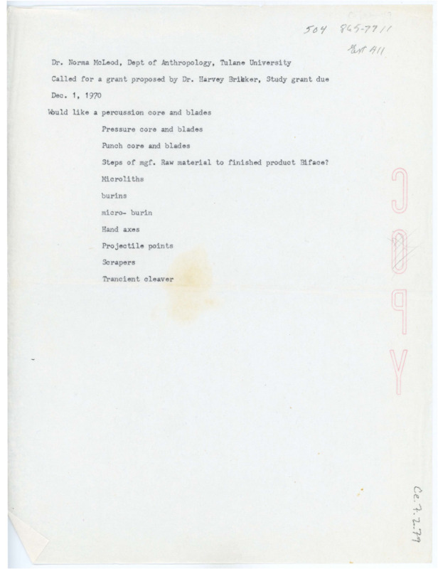 Grant report written by Norma Mcleod to Harvey Brikker describing the terms of a grant, when it is due, and items the grant requests to study.