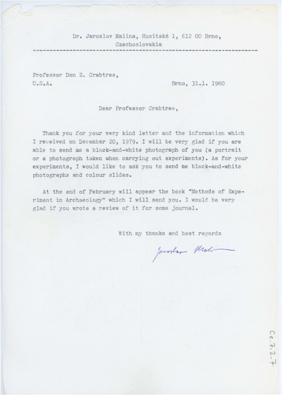 Letter from Jaroslav Malina to Don Crabtree thanking him for the information he gave to include in Malinas's work in progress.