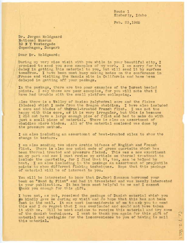 Letter from Don Crabtree to Jorgen Meldgaard regarding Crabtree sending him examples of his experimental flintknapping work. He describes the included items, and says he looks forward to using the material Meldgaard has sent him.