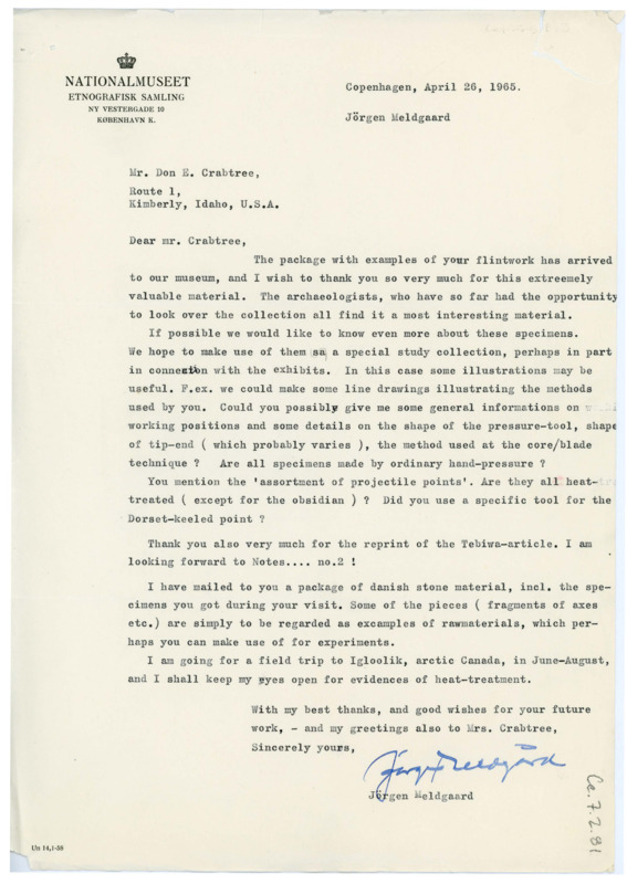 Letter from Jorgen Meldgaard to Don Crabtree regarding a package of flintknapping experiments created by Crabtree; he asks for more information on the specimens, and notes that he has sent him a package of Danish material to reference and work with.