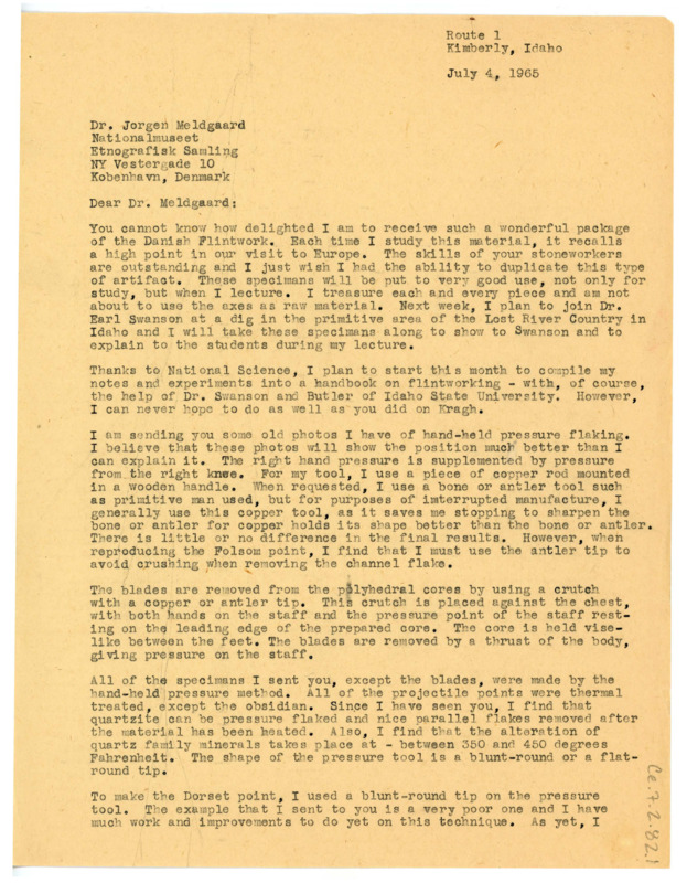 Letter from Don Crabtree to Jorgen Meldgaard thanking him for the package of Danish flintwork and material. He includes photos of himself pressure flaking to illuminate the process more.