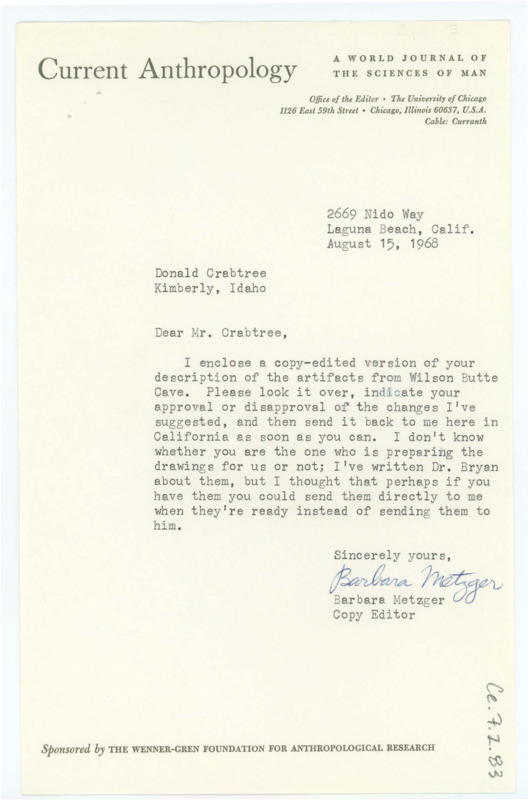 Letter from Barbara Metzger to Don Crabtree including a copy-edited version of his description of lithic artifacts found in Wilson Butte Cave.