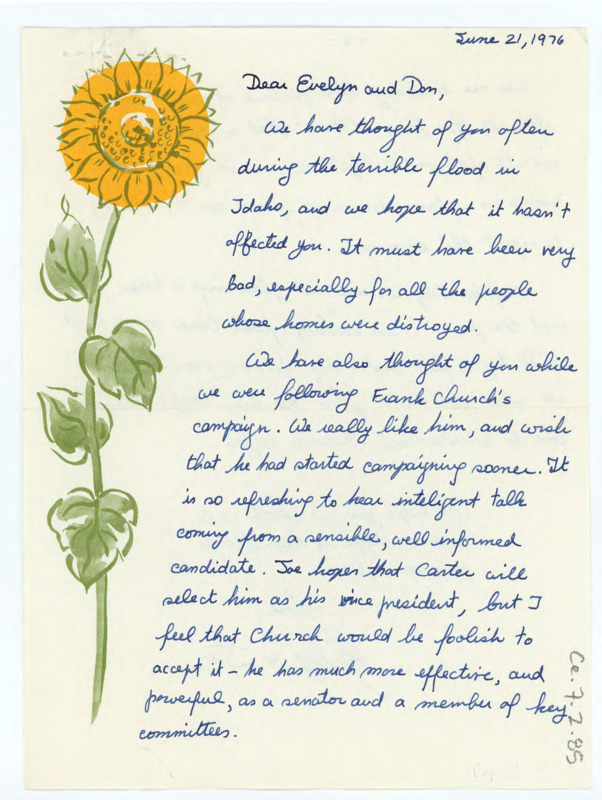 Card from Gaby and Joe Michels to Don and Evelyn Crabtree checking in on them following learning of a flood in Idaho. They also show support for Frank Church, and include a photo of Evelyn Crabtree from the last time the Crabtrees and Michels went to Belize.