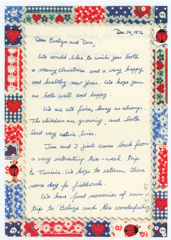 Card from Gaby and Joe Michels to Don and Evelyn Crabtree wishing them a happy holidays and regarding recent personal happenings.