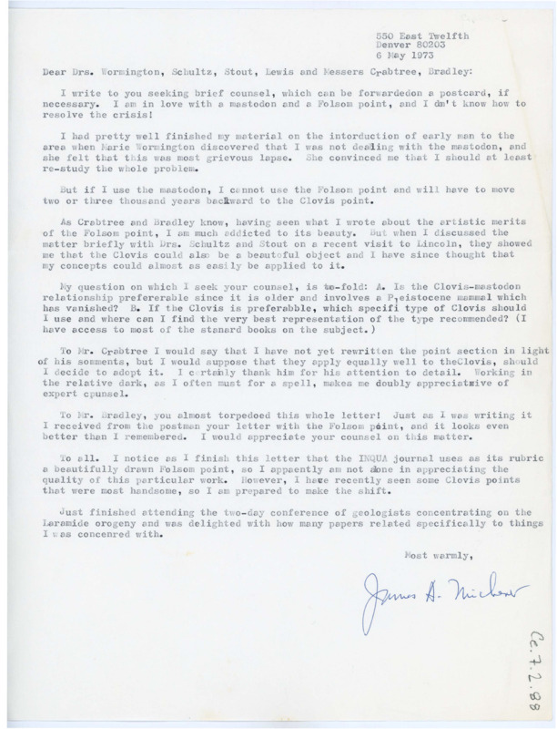 Letter from James A. Michels to Don Crabtree and others seeking advice on whether his report on a site should focus on mastodon remains or a Folsom point.