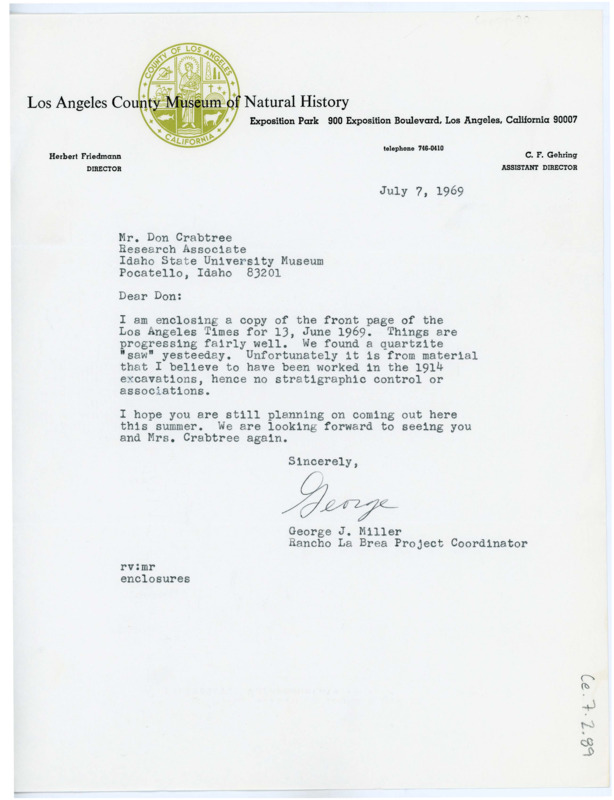 Letter from George J. Miller to Don Crabtree enclosing a copy of the front page of the Los Angeles Times and regarding his recent work. He hopes that Crabtree will be visiting this summer.