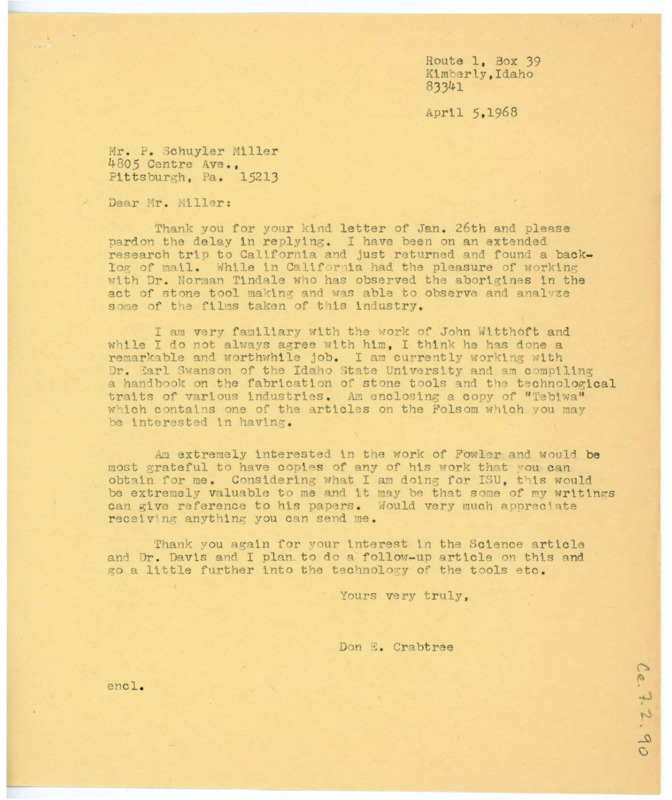 Letter from Don Crabtree to P. Schuyler Miller regarding the work of John Witthoft and others. He apologizes for the delay in response, as he has just returned from a research trip to California.