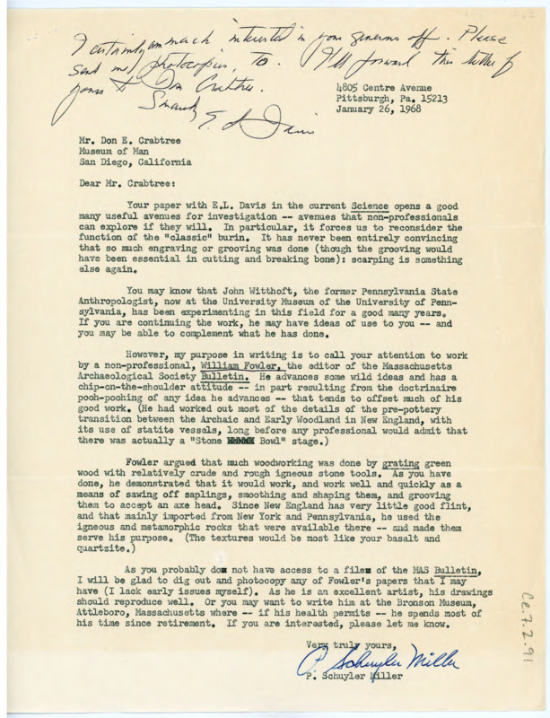 Letter from P. Schuyler Miller to Don Crabtree complimenting his recent publication and introducing Crabtree to the work of William Fowler.