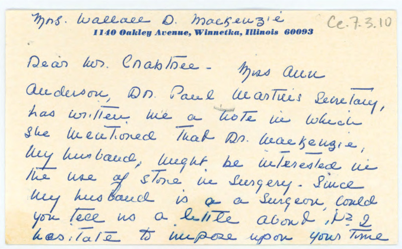 Letter from Billy G. MacKenzie to Don Crabtree asking if he could tell her and her husband what he knows about stone tools used in a surgical setting.