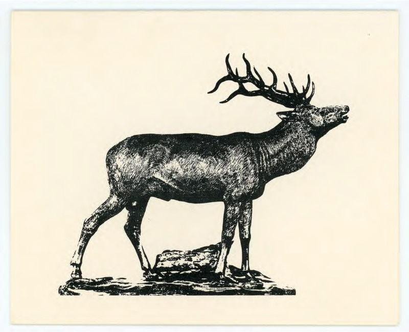 Card depicting art of an elk as drawn by Earl McAdams. The inside of the card features a biography of the artist as well as where his art is displayed.