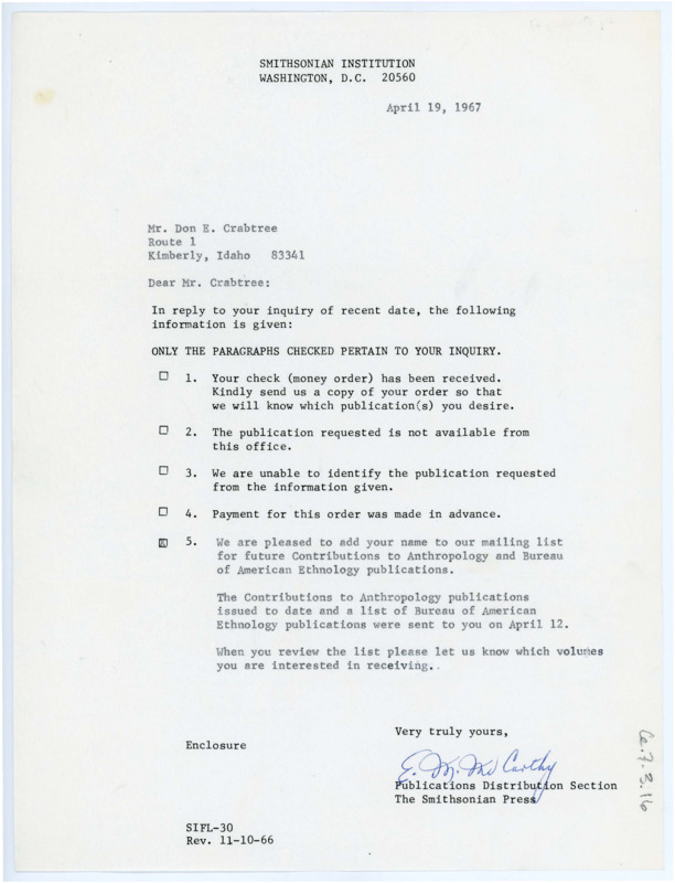 Letter from Eileen McCarthy to Don Crabtree confirming that he is now added to the mailing list for Smithsonian Contributions to Archaeology.