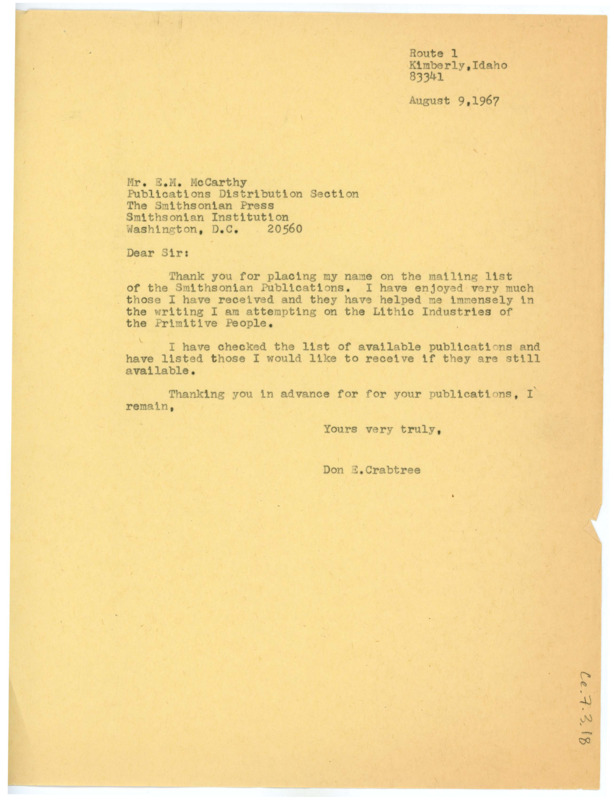 Letter from Don Crabtree to Eileen McCarthy thanking her for adding him to the Smithsonian Publications mailing list, and asking if he could choose the publications he would like to recieve.