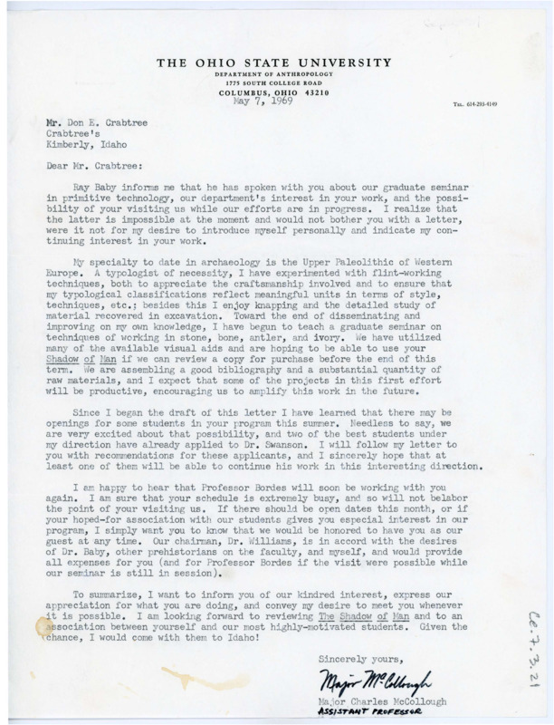 Letter from Major Charles McCollough to Don Crabtree introducing himself and talking about their shared interest in experimental archaeology.