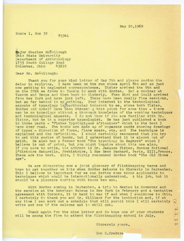 Letter from Don Crabtree to Major Charles McCollough regarding their shared opinions of lithic typology and his recent work.